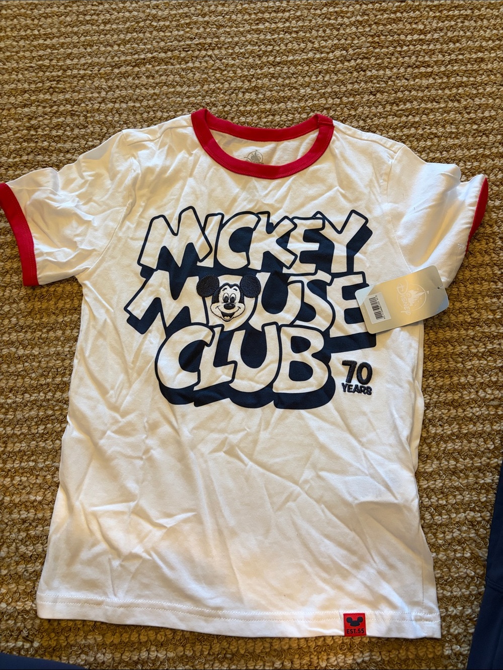Disney White Tee with Red Trim and Navy Mickey Graphic